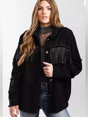 The Style Between Us Black Denim Rhinestone Fringe Jacket L